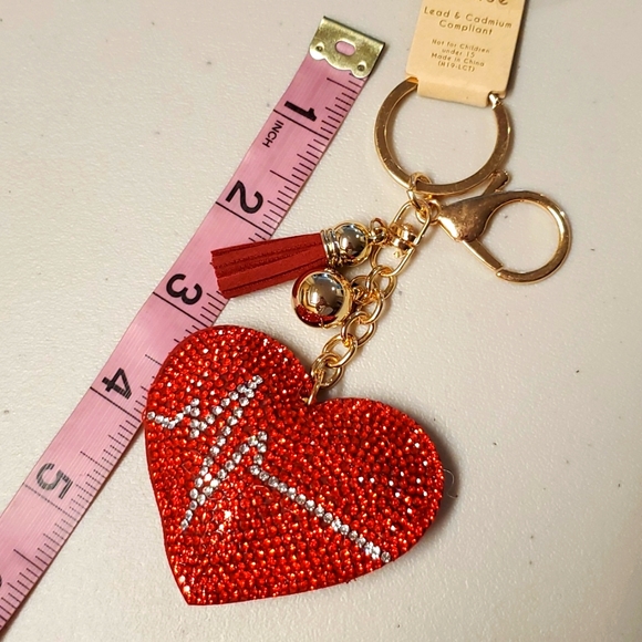 •Red rhinestone heart ❤ keychain with ball & tassel•heartbeat line•goldtone•NWT - Picture 3 of 13